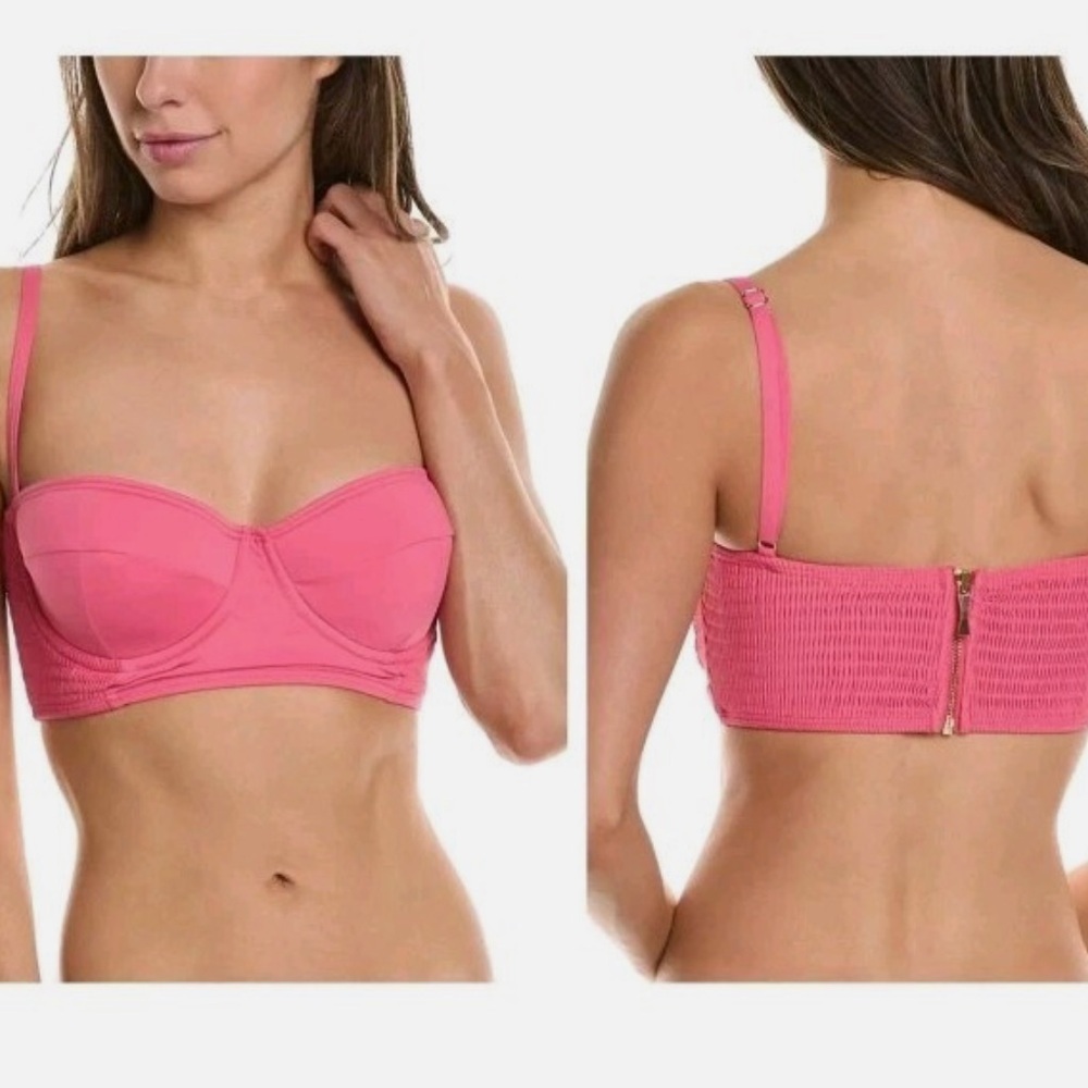 Kate Spade NY Underwire Zip/Smocked Top Bottom Swimsuit Pink Cloud, NWT